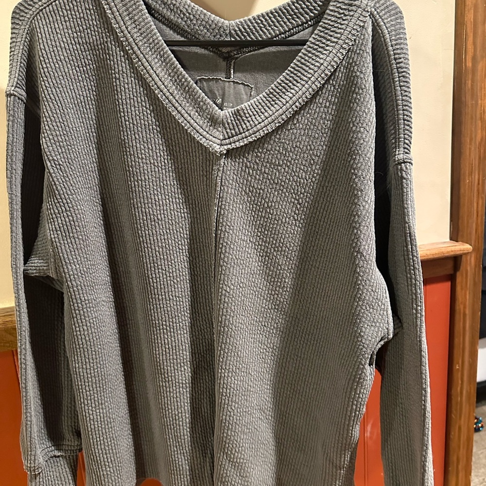 Gray Textured V-Neck Sweater